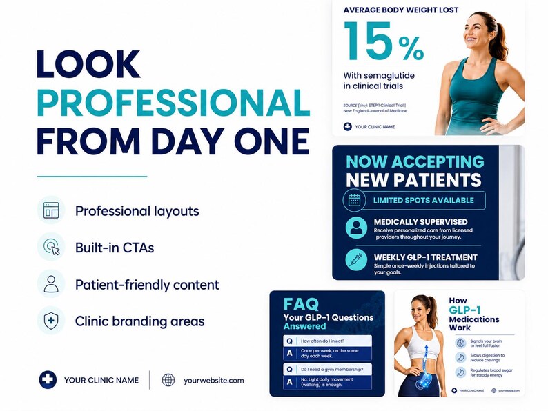May include: A marketing template for a medical clinic featuring the text LOOK PROFESSIONAL FROM DAY ONE, with sections for patient intake, FAQ, and clinical trial results. Includes icons for layouts, CTAs, and branding, plus website placeholders.