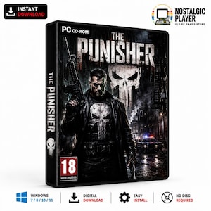 May include: A PC CD-ROM game case for The Punisher featuring a dark urban scene with a character holding a rifle, a large white skull logo, and an 18 age rating label. The cover art displays the title in bold white text against a rainy city background.