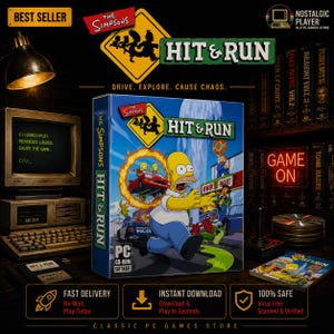 May include: The Simpsons Hit & Run PC game box art features Homer Simpson running in front of a Kwik-E-Mart with a red car jumping through a fire ring. The blue box displays the title, a police car, and the text Drive. Explore. Cause Chaos.