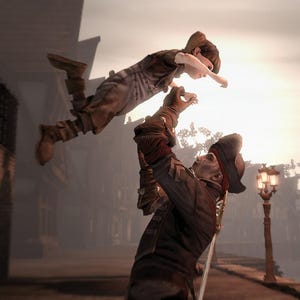May include: A figure in a dark coat and tricorn hat lifts a small child high into the air. The scene is set in a dimly lit, sepia-toned town square with a street lamp and buildings visible in the background under a bright, hazy sun.