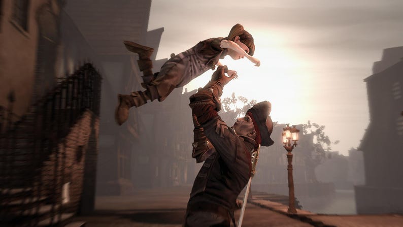 May include: A figure in a dark coat and tricorn hat lifts a small child high into the air. The scene is set in a dimly lit, sepia-toned town square with a street lamp and buildings visible in the background under a bright, hazy sun.