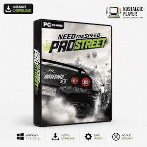 May include: A PC CD-ROM game case for Need for Speed ProStreet featuring a black sports car with red taillights, smoke, and the game title in black and green text. The spine displays the title vertically, and the cover includes the text Noisebomb.