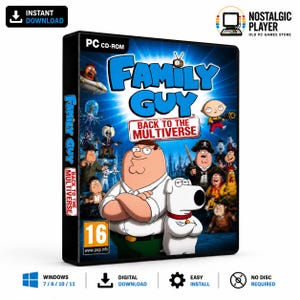May include: A PC CD-ROM game case for Family Guy: Back to the Multiverse featuring Peter and Brian Griffin on the front cover. The artwork displays various characters from the show against a blue background with a PEGI 16 age rating label.