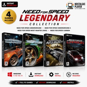 Puede incluir: Una colección digital de cuatro juegos de PC Need for Speed que incluye Underground, Underground 2, Most Wanted 2005 y Carbon. La imagen muestra cuatro cajas de juegos con gráficos de coches de carreras, el texto Legendary Collection e iconos de Windows.