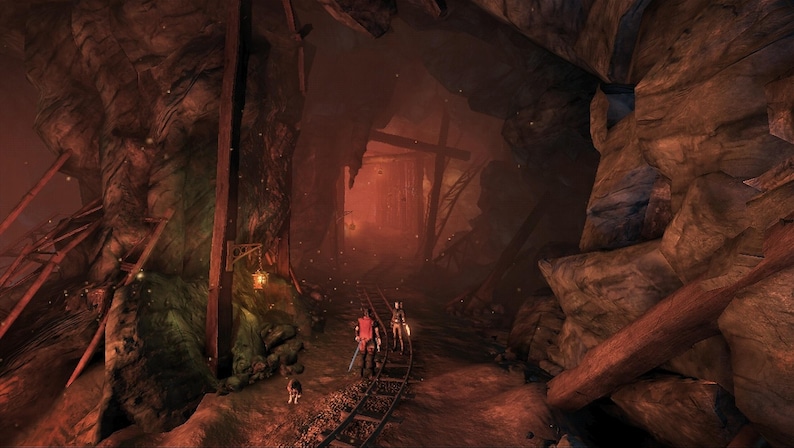 May include: A digital illustration of a dark, cavernous mine tunnel with jagged brown rock walls, wooden support beams, and a rusted metal rail track running through the center. Two figures and a small animal walk along the tracks toward a glowing orange light.