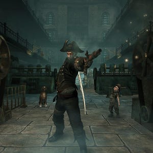 May include: A character wearing a dark tricorn hat, a black coat, and dark trousers, holding a flintlock pistol in an industrial setting with large mechanical wheels, belts, and stone flooring. A small dog and a child stand in the background.