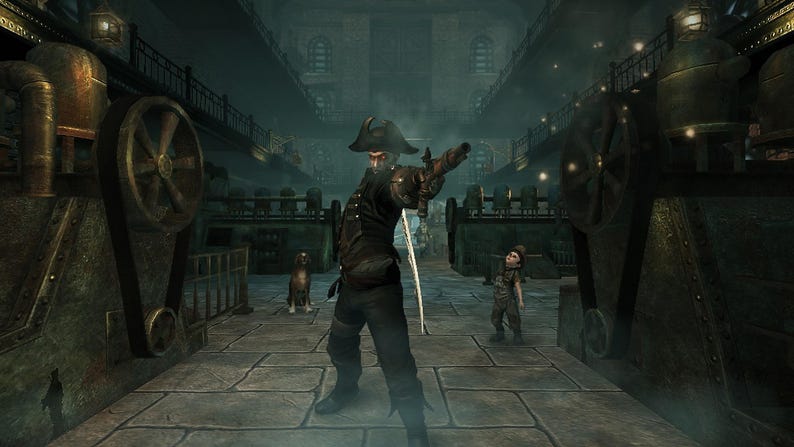 May include: A character wearing a dark tricorn hat, a black coat, and dark trousers, holding a flintlock pistol in an industrial setting with large mechanical wheels, belts, and stone flooring. A small dog and a child stand in the background.