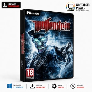 以下が含まれることがあります： WolfensteinのPC CD-ROMゲームケース。軍服を着た骸骨の姿、光る青い目、稲妻のエフェクトが描かれています。カバーには赤い文字でタイトル、PEGI 18のレーティング、Nostalgic Player Old PC Games Storeというテキストが表示されています。