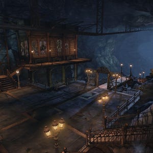 May include: A dark, cavernous underground station featuring a wooden platform structure with ornate railings, multiple glowing street lamps, and a series of arched windows. The scene includes metal support beams and stone walls in a dim, moody setting.