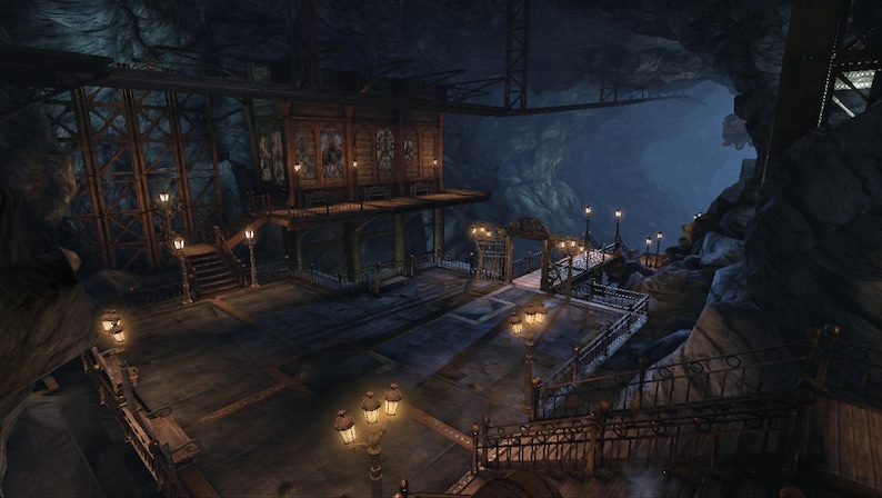 May include: A dark, cavernous underground station featuring a wooden platform structure with ornate railings, multiple glowing street lamps, and a series of arched windows. The scene includes metal support beams and stone walls in a dim, moody setting.