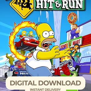 Puede incluir: Gráfico de descarga digital para el videojuego Los Simpson: Hit & Run. La imagen presenta a Homer Simpson con la boca abierta, un coche rojo en llamas y el texto "DESCARGA DIGITAL" y "ENTREGA INSTANTÁNEA".