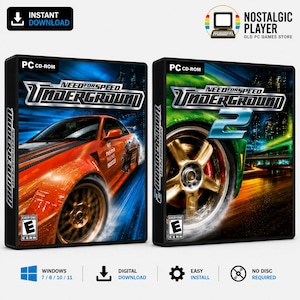 Könnte beinhalten: Zwei PC CD-ROM Spielehüllen für Need for Speed Underground und Need for Speed Underground 2. Die erste Hülle zeigt ein orangefarbenes Auto, die zweite ein grünes Autorad. Beide Boxen enthalten das ESRB E-Rating-Logo und die Spieletitel.
