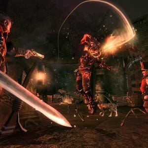 May include: A digital illustration of a fantasy battle scene featuring a figure in red and brown armor wielding a large sword, a central character emitting a bright orange light, and a soldier in a red uniform holding a musical instrument.