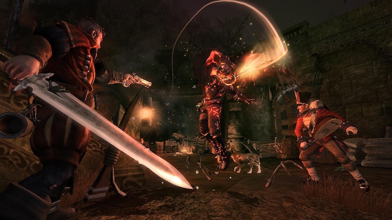 May include: A digital illustration of a fantasy battle scene featuring a figure in red and brown armor wielding a large sword, a central character emitting a bright orange light, and a soldier in a red uniform holding a musical instrument.
