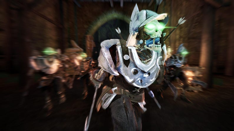 May include: A skeletal figure wearing silver metal armor and a helmet with glowing green eyes. The figure is equipped with a quiver of arrows on its back and is positioned in a dark, blurred environment with other similar skeletal figures nearby.