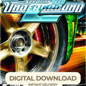 Könnte beinhalten: Das Cover des Videospiels Need for Speed Underground 2. Das Bild zeigt eine Nahaufnahme eines goldfarbenen Autorads mit einem roten Brembo-Bremssattel. Der Titel des Spiels ist in einer stilisierten Schriftart dargestellt. Ein Banner unten zeigt "DIGITALER DOWNLOAD".