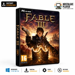 以下が含まれることがあります： Fable IIIのPC CD-ROMゲームケース。光る王冠の上にピストルを構えるキャラクターが描かれています。カバーアートには劇的な夕日、城のシルエット、PEGI 16のレーティングが表示されています。背表紙にはFable IIIのタイトルとライオンの紋章があります。