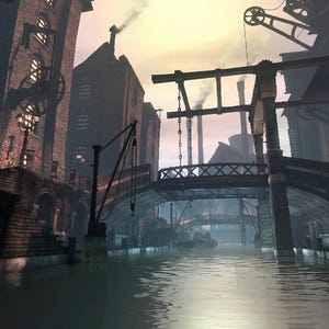 May include: A digital illustration of an industrial canal scene featuring red brick buildings, arched stone bridges, and wooden cranes. Smoke rises from tall factory chimneys into a hazy, pale sky, while the water reflects the structures.