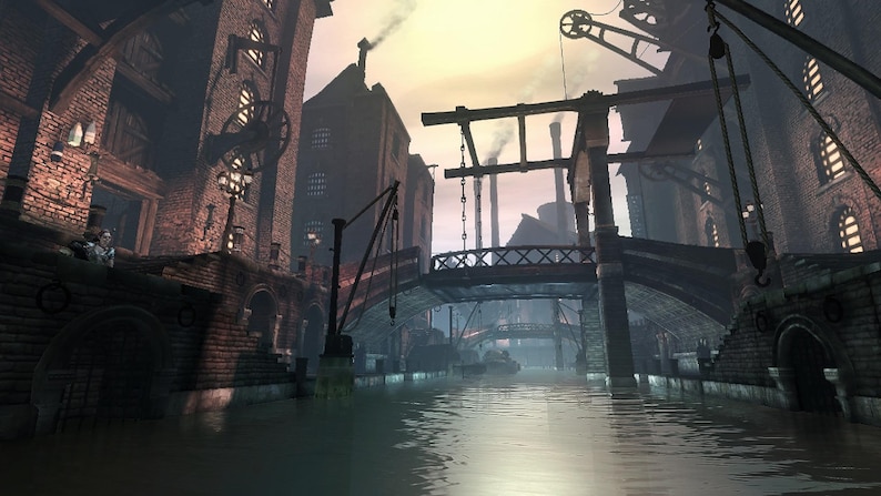 May include: A digital illustration of an industrial canal scene featuring red brick buildings, arched stone bridges, and wooden cranes. Smoke rises from tall factory chimneys into a hazy, pale sky, while the water reflects the structures.