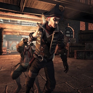 May include: A digital illustration of a pirate character wearing a dark coat, a tricorn hat, and a red neck scarf. The figure stands in a stone-walled interior space with wooden beams, while a second, smaller figure is positioned behind them.