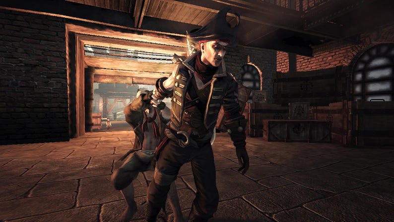 May include: A digital illustration of a pirate character wearing a dark coat, a tricorn hat, and a red neck scarf. The figure stands in a stone-walled interior space with wooden beams, while a second, smaller figure is positioned behind them.