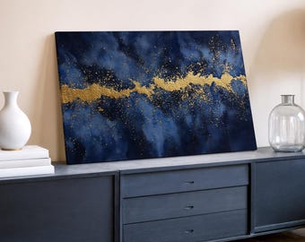 Lienzo abstracto en azul y dorado – Arte moderno para la pared del salón – Regalo único para amantes del arte