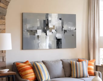 Modern abstract canvas muurkunst neutraal beige grijs wit, minimalistisch geometrisch schilderij, hedendaags grote muurdecoratie, made in Italy