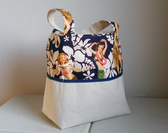 Vintage Print Hula Girls Canvas Tote Bag - with Blue Trim - New York Tote Bag