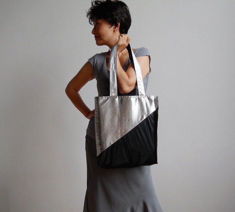 New York Tote Bag Metallic Silver and Black Tote Bag Silver Screen Nights Tote