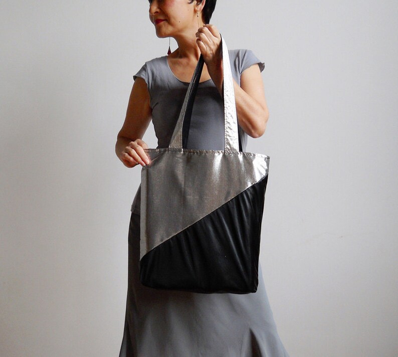 New York Tote Bag Metallic Silver and Black Tote Bag Silver Screen Nights Tote