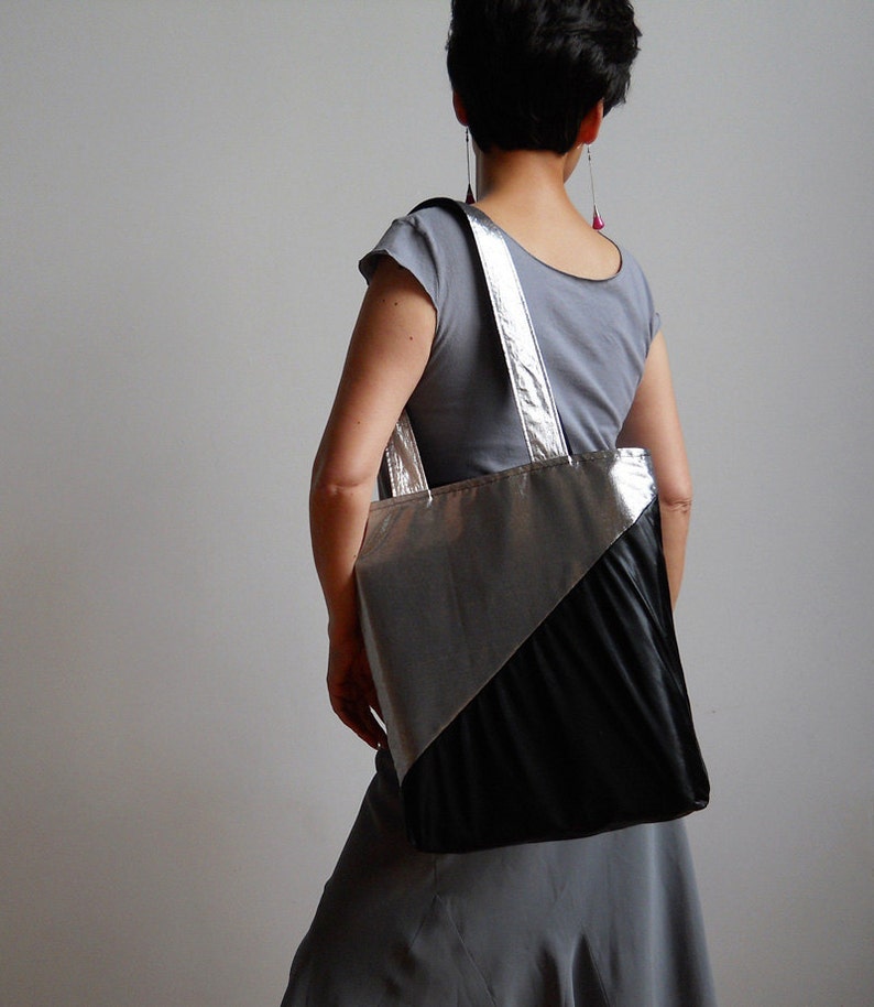 New York Tote Bag Metallic Silver and Black Tote Bag Silver Screen Nights Tote
