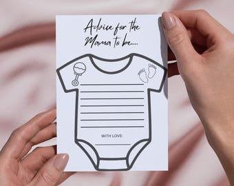 Schede di consigli per il baby shower stampabili, consigli per il gioco della futura mamma, schede di consigli per body, download immediato, modificabile su Canva