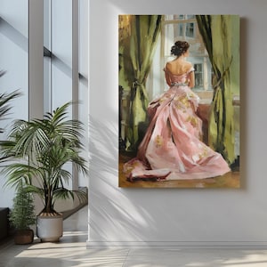 May include: Oil painting of a woman in a pink gown looking out a window. The dress has a long train and gold accents. Green curtains frame the window, and the background suggests an interior setting.