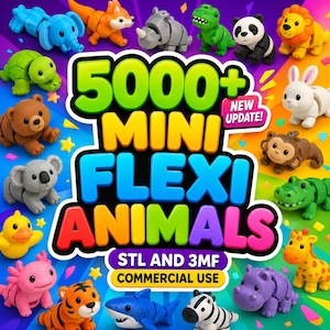 May include: A collection of colourful, articulated 3D-printed animal figures including an elephant, fox, rhino, dinosaur, panda, lion, turtle, bear, rabbit, koala, monkey, crocodile, duck, axolotl, tiger, shark, zebra, and giraffe with text 5000+ MINI FLEXI ANIMALS.