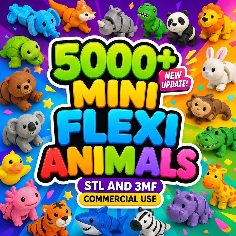 May include: A collection of colourful, articulated 3D-printed animal figures including an elephant, fox, rhino, dinosaur, panda, lion, turtle, bear, rabbit, koala, monkey, crocodile, duck, axolotl, tiger, shark, zebra, and giraffe with text 5000+ MINI FLEXI ANIMALS.
