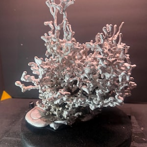 May include: A silver-colored metal sculpture with a complex, branching, organic structure resembling coral or tree roots. The piece features a rough, textured surface with numerous interconnected, irregular protrusions extending upward from a solid base.