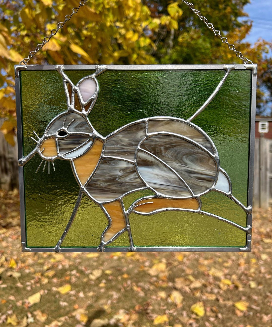 Stained Glass Primitive Rabbit Eastern Cottontail Rabbit Stained Glass Panel - Rectangle, 7.75