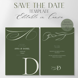 Save the Date Hochzeit Modern Script | EVERGREEN – Elegante Canva Vorlage in Dunkelgrün | DIY Download