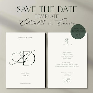 Save the Date Hochzeit Elegant Script | VELVET – Moderne Canva Vorlage mit Initialen in Beige und Dunkelgrün | DIY Download