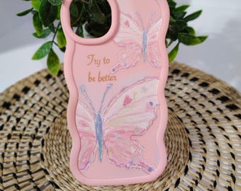 Butterfly iPhone 14 PLUS, Soft Silicone, pink butterfly design