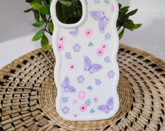 Butterfly iPhone 14 PLUS, Soft Silicone, white purple butterfly design