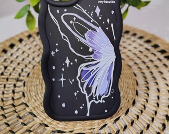 Butterfly iPhone 14 PLUS, Soft Silicone, black purple butterfly design
