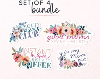 Mom Sticker Bundle, Funny Mom Stickers Set, Kindle & Laptop Stickers for Mom, Cute Floral Mama Decals, Motherhood Humor, Set of 4