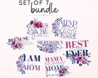 Mom Sticker Bundle, Funny Mom Stickers Set, Kindle & Laptop Stickers for Mom, Cute Floral Mama Decals, Motherhood Humor, Set of 7