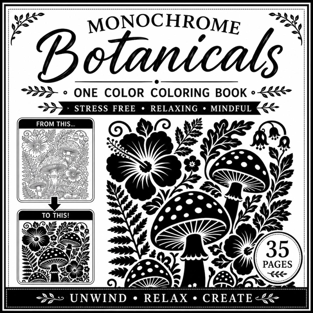 Monochrome Coloring Pages Bundle | One Color Coloring Mega Bundle | Floral Coloration, Bot