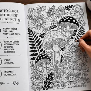 Square black and white Etsy listing image for a Monochrome Botanicals one color coloring book. The design features bold botanical mushrooms, flowers, leaves, vines, and decorative nature artwork with sample before and after coloring panels, a 35 pages badge, and relaxing text for a printable adult coloring book digital download.