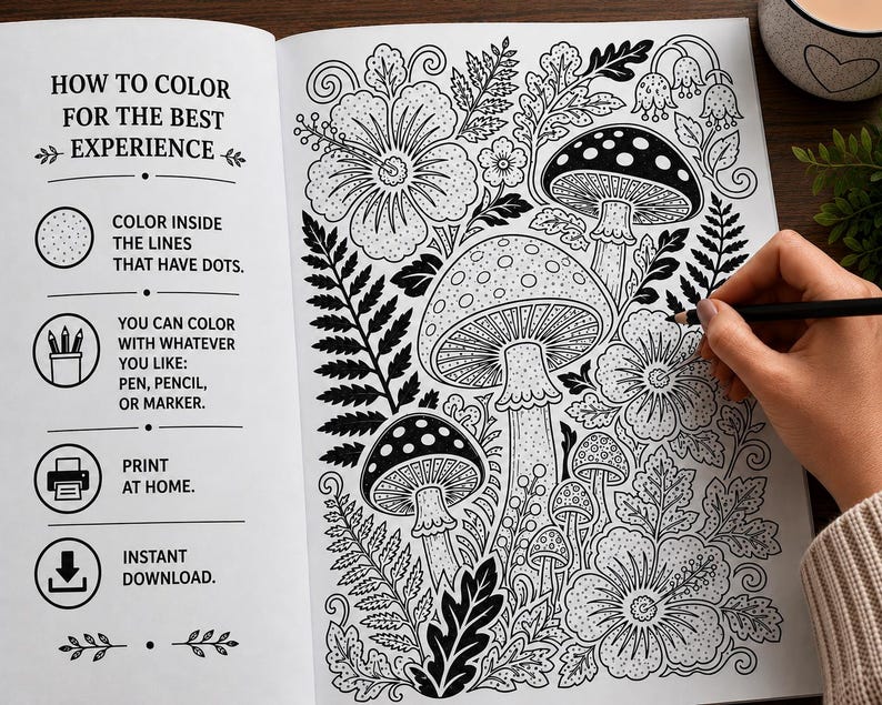 Square black and white Etsy listing image for a Monochrome Botanicals one color coloring book. The design features bold botanical mushrooms, flowers, leaves, vines, and decorative nature artwork with sample before and after coloring panels, a 35 pages badge, and relaxing text for a printable adult coloring book digital download.