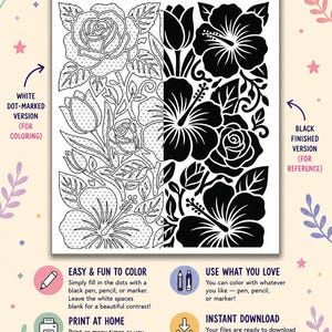 Square black and white Etsy listing image for a Monochrome Botanicals one color coloring book. The design features bold botanical mushrooms, flowers, leaves, vines, and decorative nature artwork with sample before and after coloring panels, a 35 pages badge, and relaxing text for a printable adult coloring book digital download.