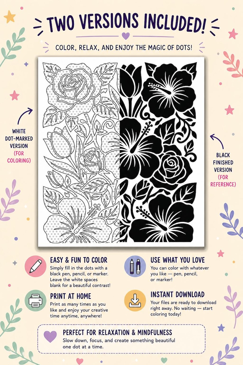 Square black and white Etsy listing image for a Monochrome Botanicals one color coloring book. The design features bold botanical mushrooms, flowers, leaves, vines, and decorative nature artwork with sample before and after coloring panels, a 35 pages badge, and relaxing text for a printable adult coloring book digital download.