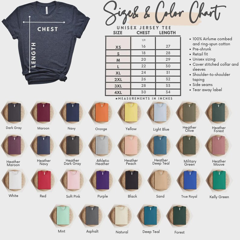 May include: A navy blue unisex jersey tee shirt with a chest and length size chart. The chart lists sizes XS to 4XL, with measurements in inches. A color chart displays various shirt colors, including dark gray, maroon, and yellow.